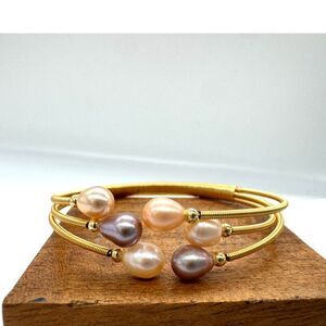 Goldtone Wire-wrap Bracelet with Six Multi-colored Fresh Water Pearls